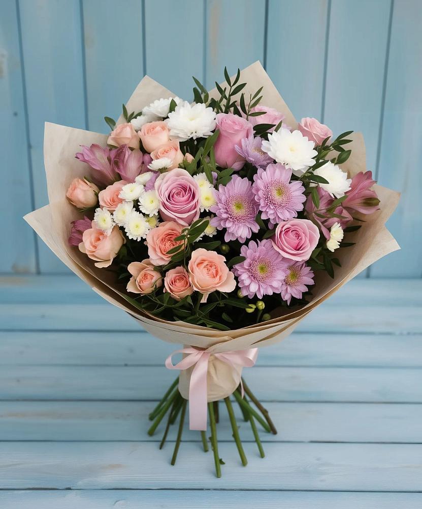 Букет цветов из: Хризантемы, Розы и Альстромерии в Березнецово