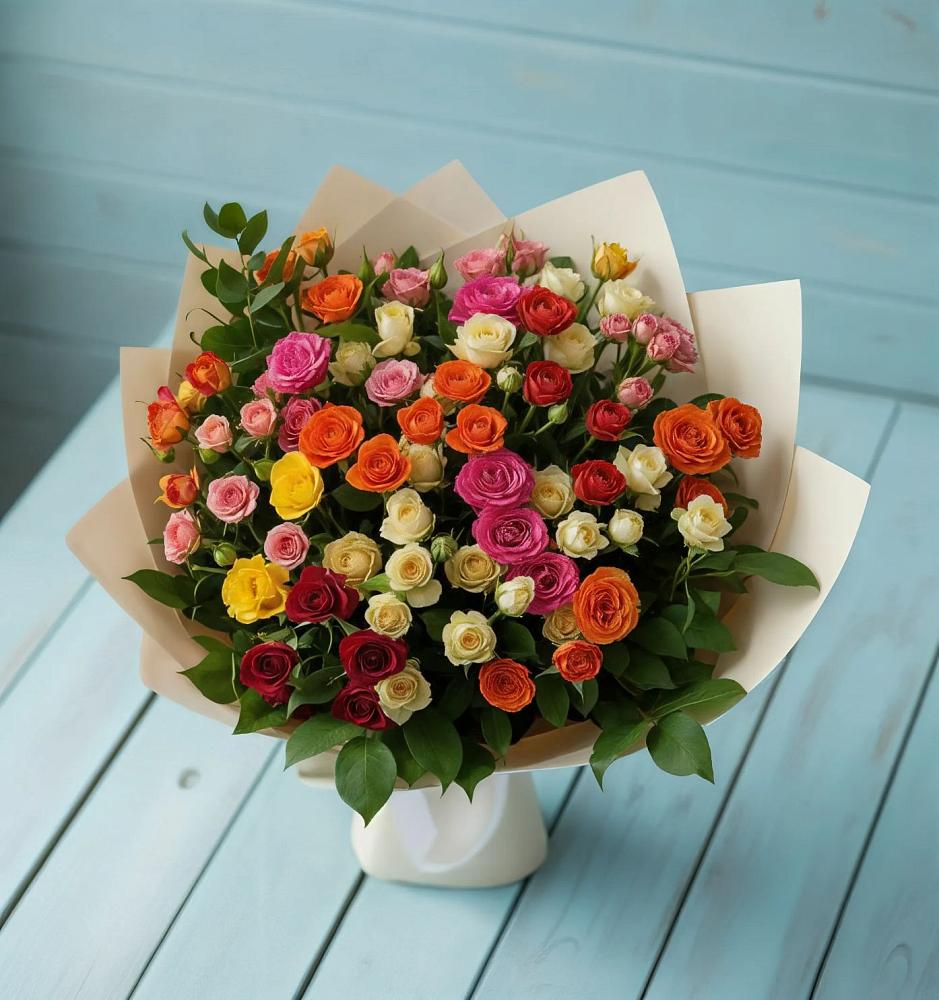 Букет Микс из разноцветных кустовых роз в Березнецово