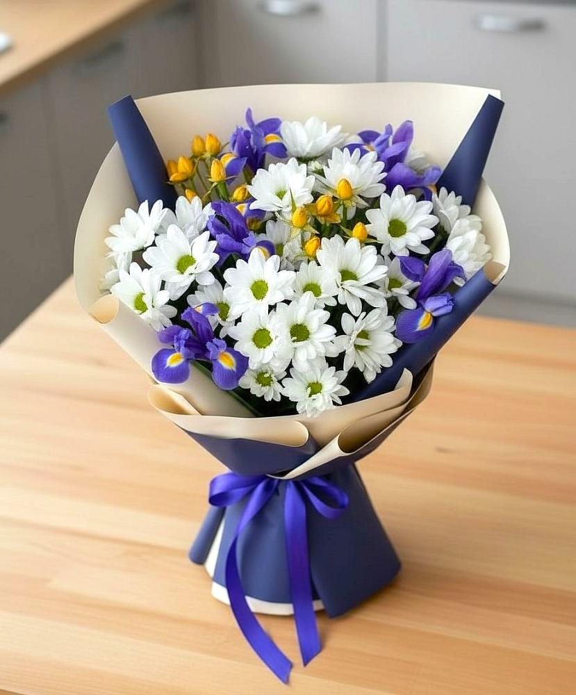 Букет цветов из: Розы, Ирисы и Хризантемы в Березнецово