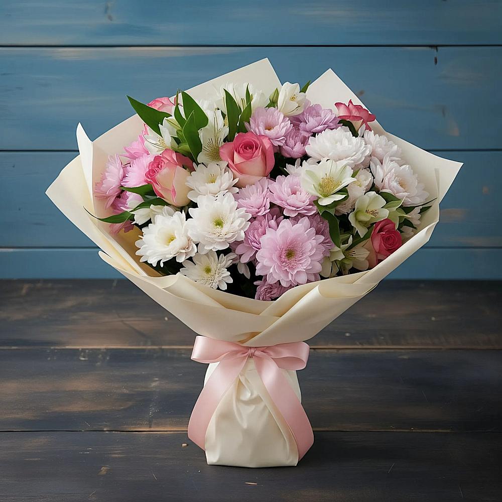 Букет цветов из: Хризантемы, Альстромерии и Розы в Березнецово